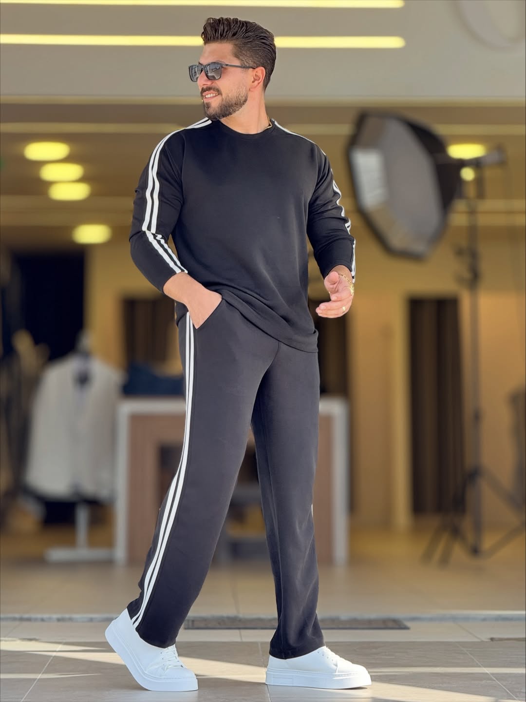 Premium Fleece Crew Neck Tracksuit Black & White