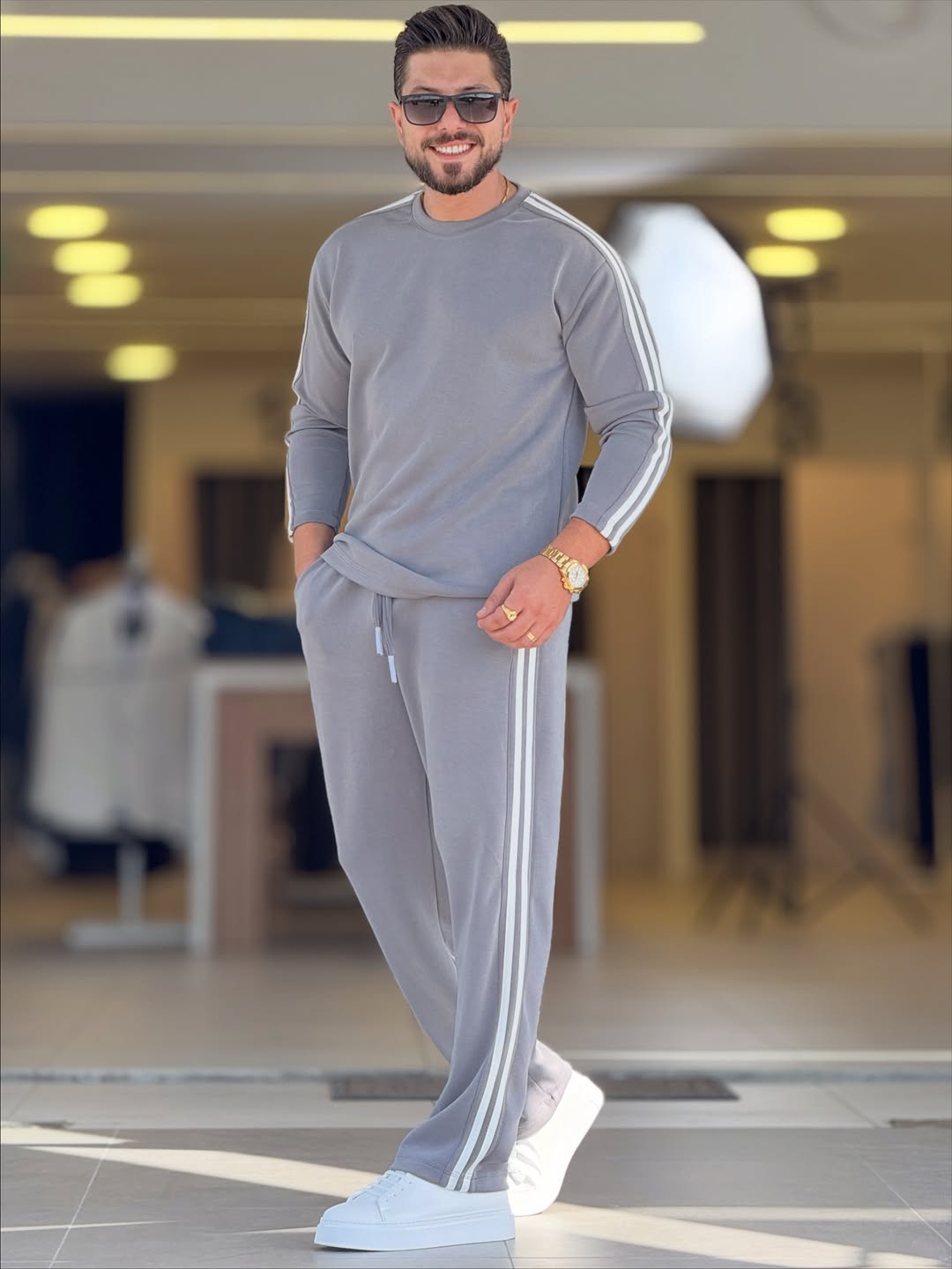 Premium Fleece Crew Neck Tracksuit Light Grey & White