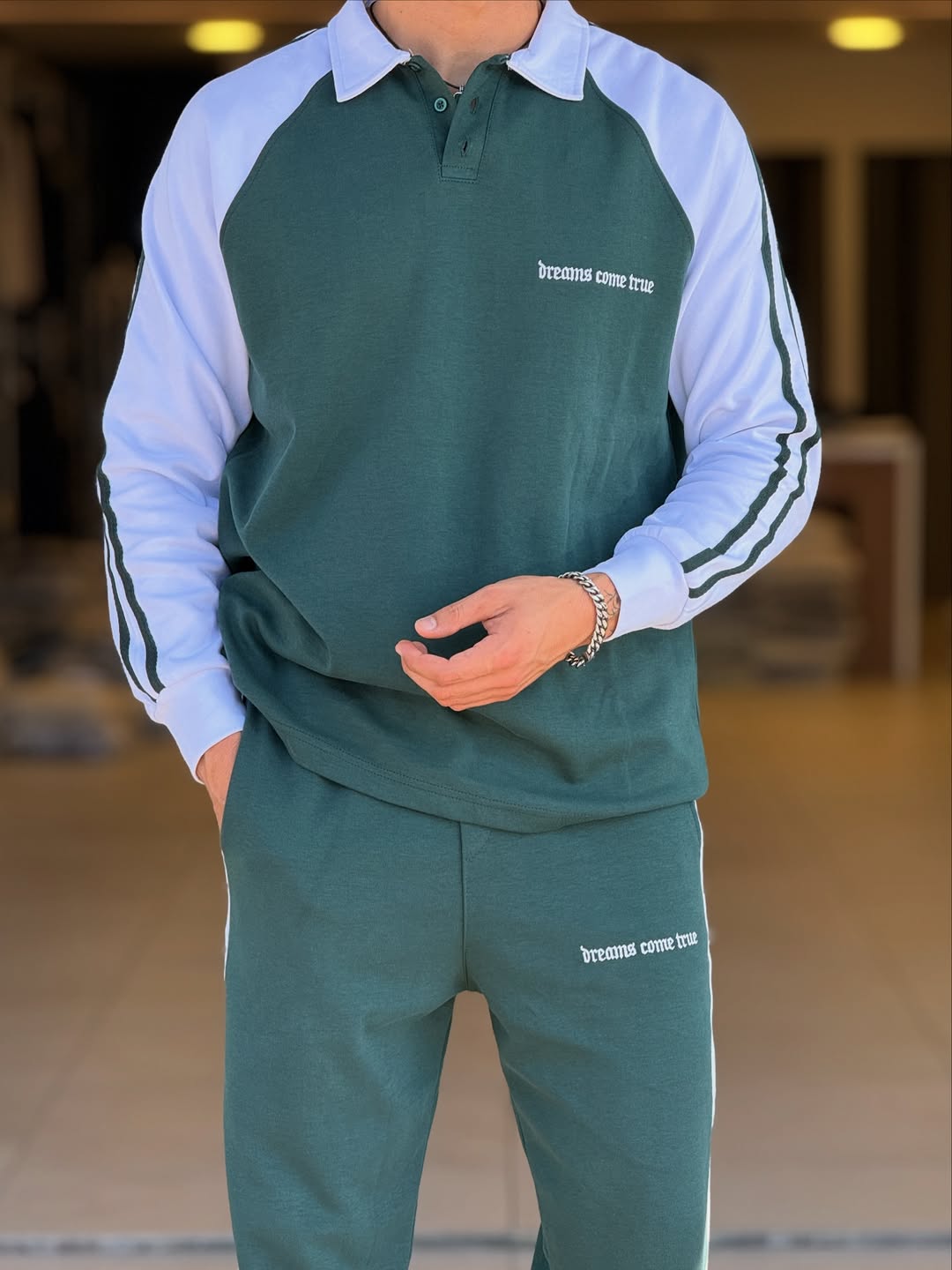 Premium Fleece Two Tone Polo Tracksuit Forest Green & white