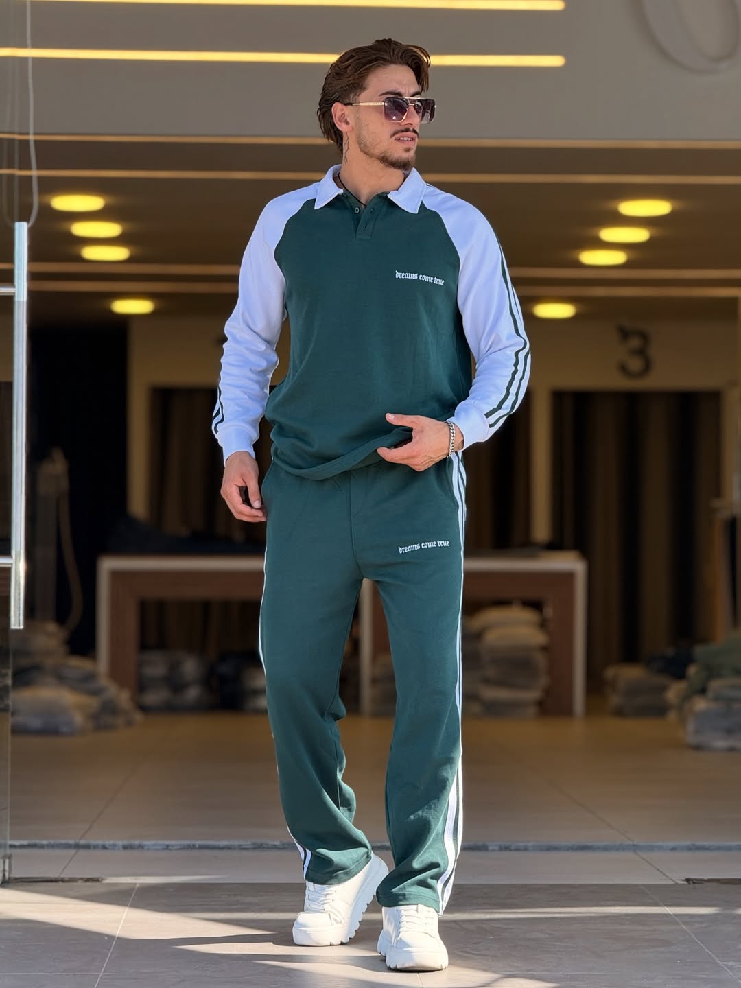 Premium Fleece Two Tone Polo Tracksuit Forest Green & white
